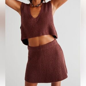 Free People Brown Ribbed A-Line Mini Skirt Set